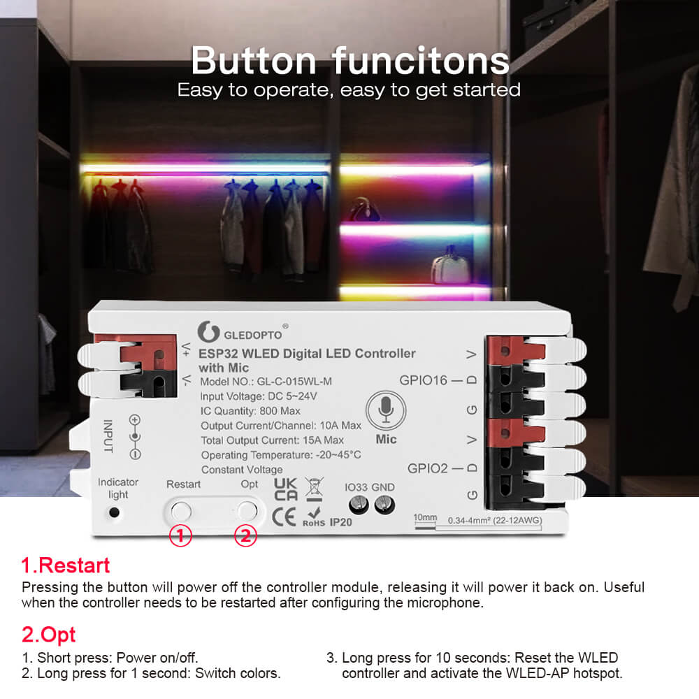 Button functions of ESP32 WLED WiFi LED controller