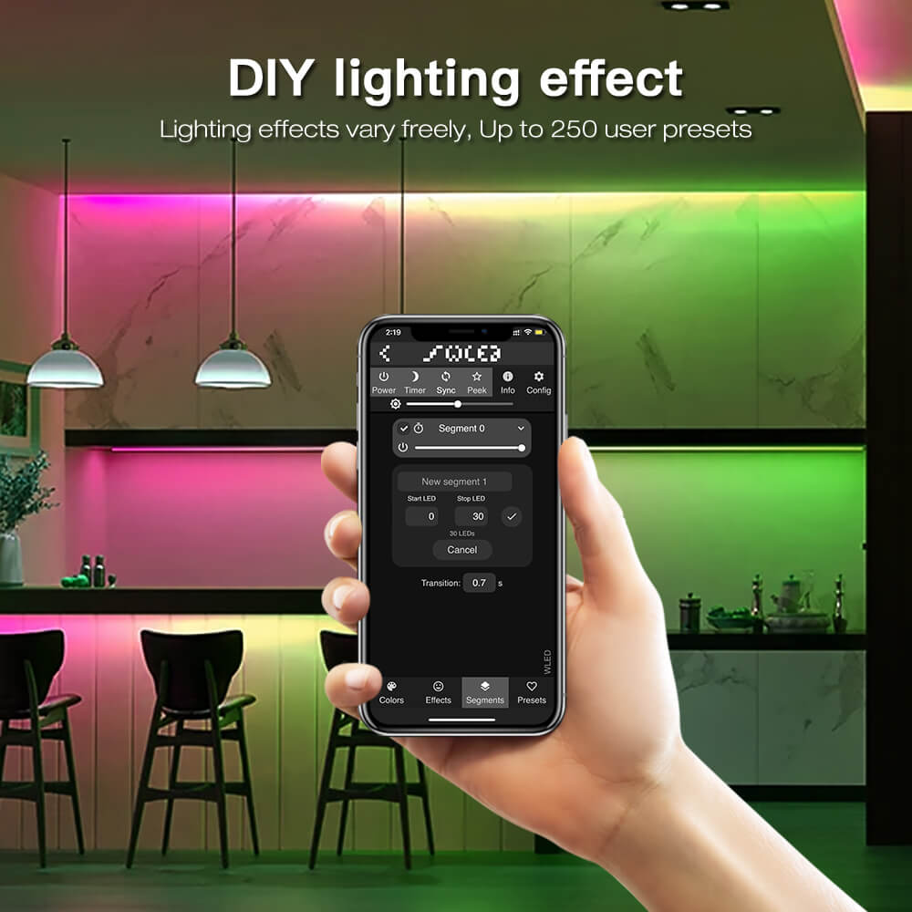 ESP32 digital LED strip controller allows for 250 user preset lighting effects