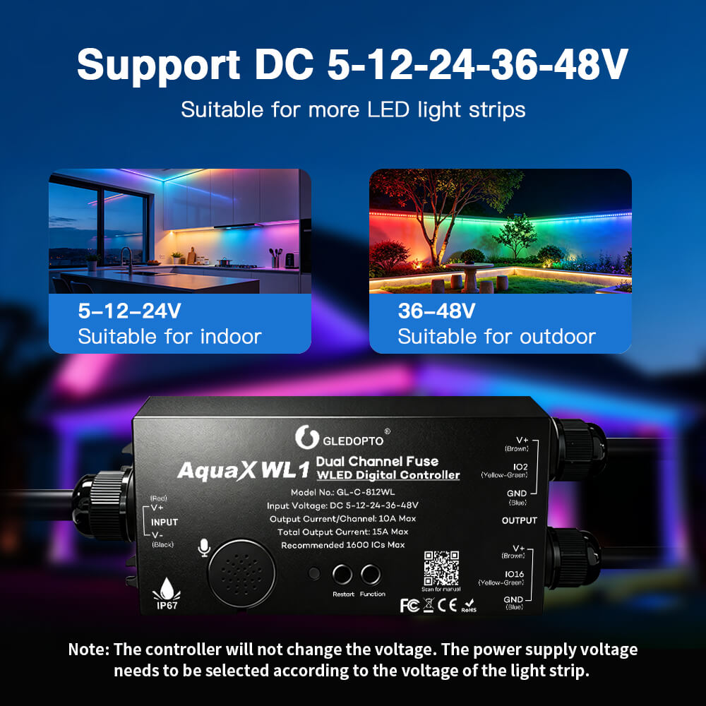 The IP67 waterproof WLED controller can work with various voltage LED strips