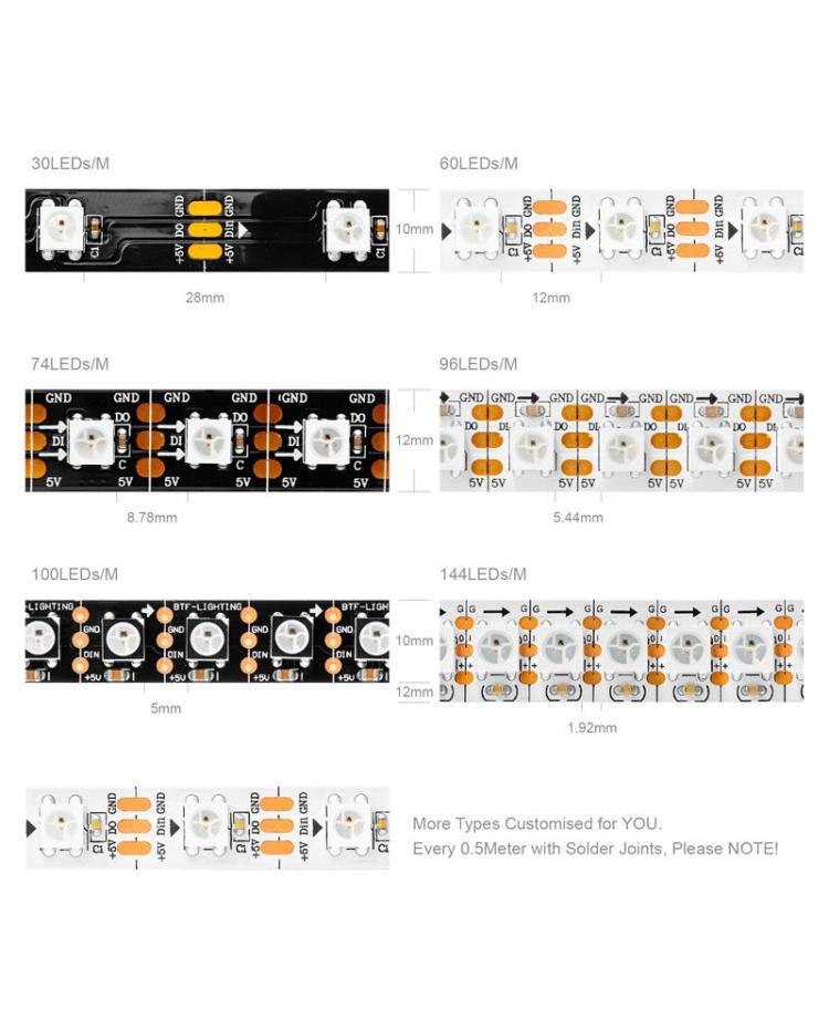 Newest WS2812B 332Chips/m Highest Density Addressable RGB COB LED Light -  DC5V Dream Color Flexible COB LED Strips - 1m/3.28ft Per Roll