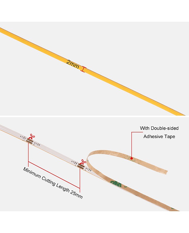 The back of 2mm dotless flexible COB LED tape has double-sided adhesive tape