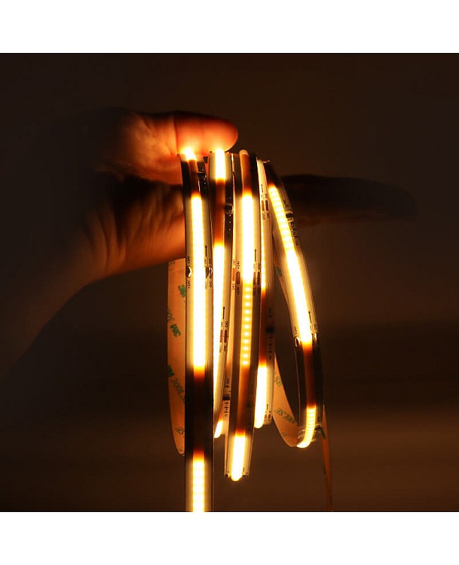 The single-color digital COB LED strips operate at 24V, making them safe for humans.