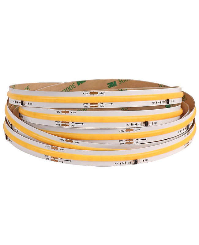 The white addressable COB LED strips are programmable for unique lighting effects.