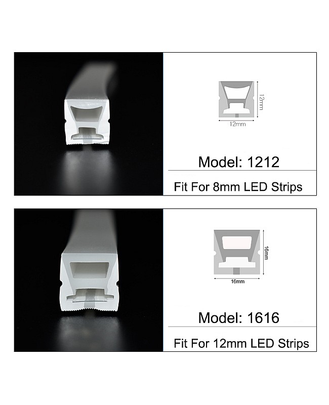 The dimensions of 1212 and 1616 silicone LED channels.