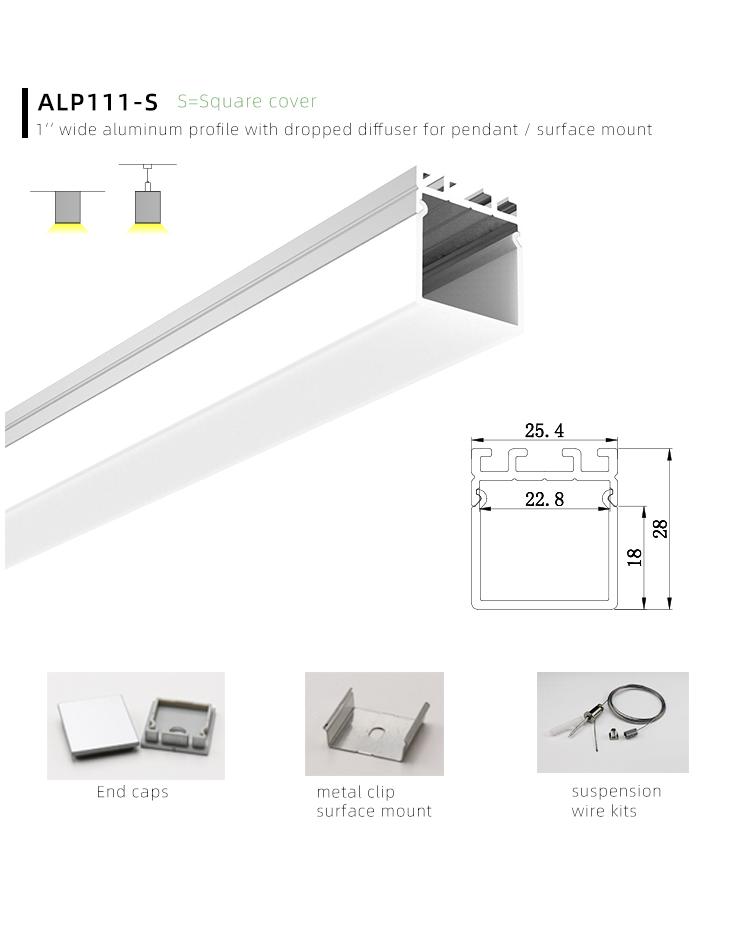 25mm Wide Aluminum LED Profile Housing With 1 Inch Dropped Square Cover