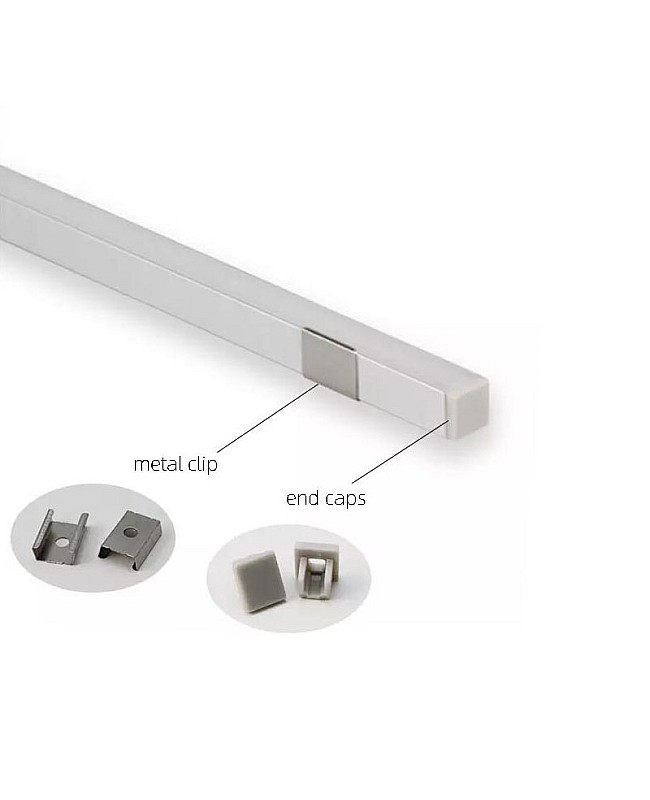 The mini aluminum LED profiles come with end caps and metal clips for tight spaces