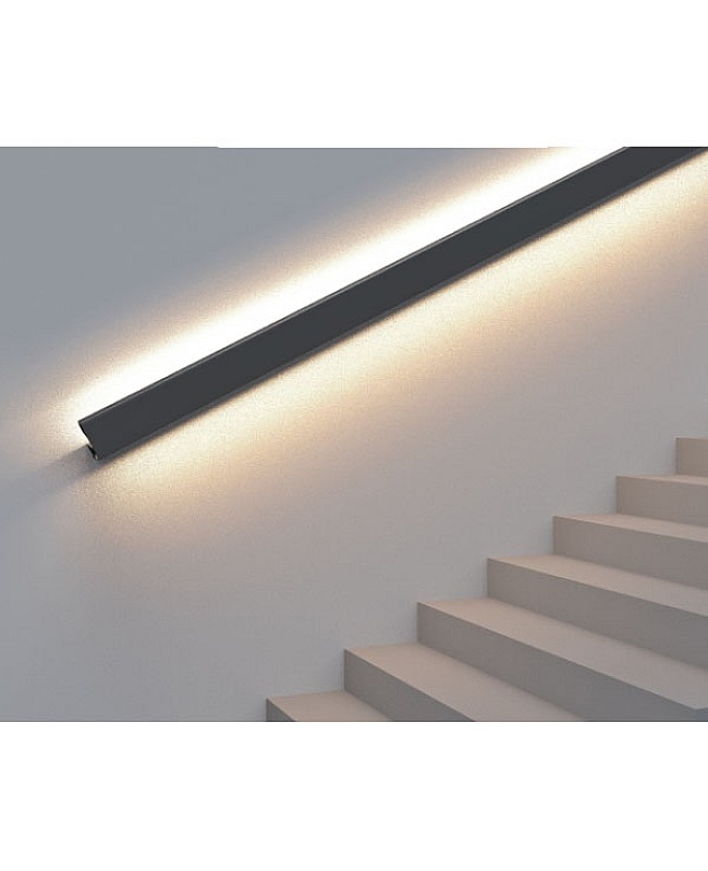 The black LED handrail lighting system is installed beside the staircase and offers upward and downward lighting to enhance aesthetics and safety.