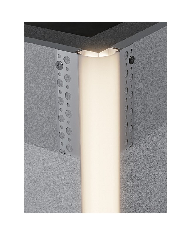 The lighting effects of the outside corner mud-in LED channels.