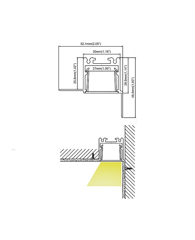 The dimension of the plasterboard wall wash LED channels and the installation lighting effect.