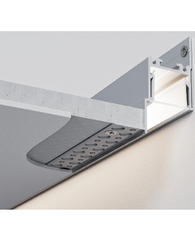 The LED channels can be seamlessly integrated with drop ceiling plasterboards.