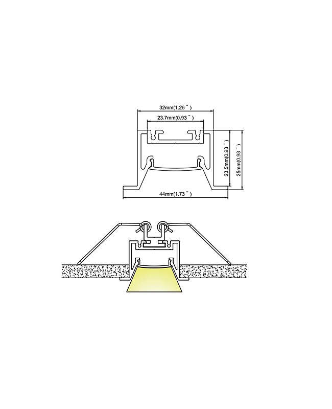 The dimension of recessed LED light channels with regressed diffuser