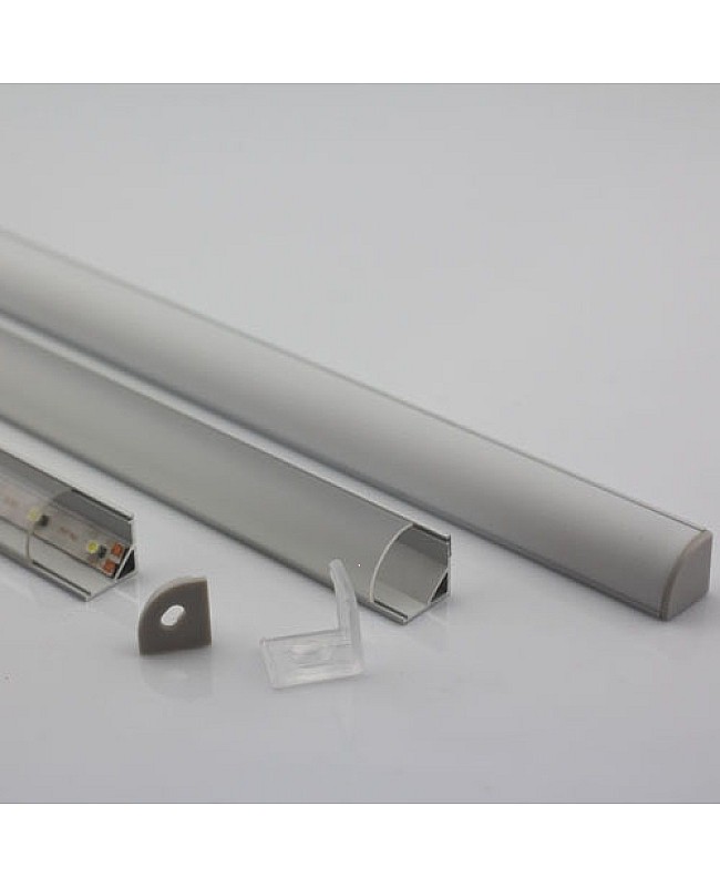 Silver corner LED profile with end caps and mounting clips