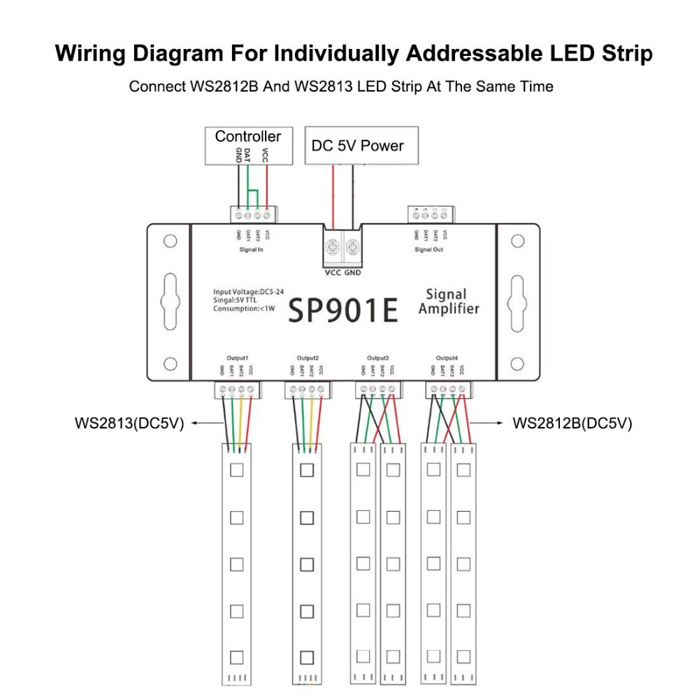 Wiring diagram of connection with ws2812B and ws 2813 led strip at the same time