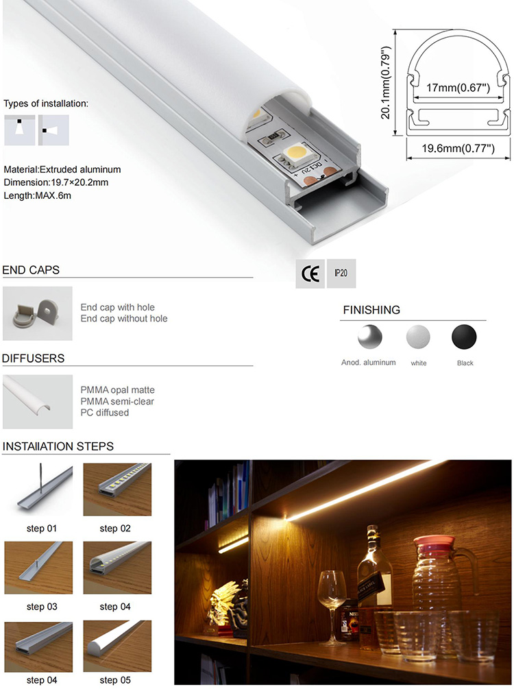 The dimensions, installation methods, diffuser options, and installation steps of the slim LED aluminum profiles