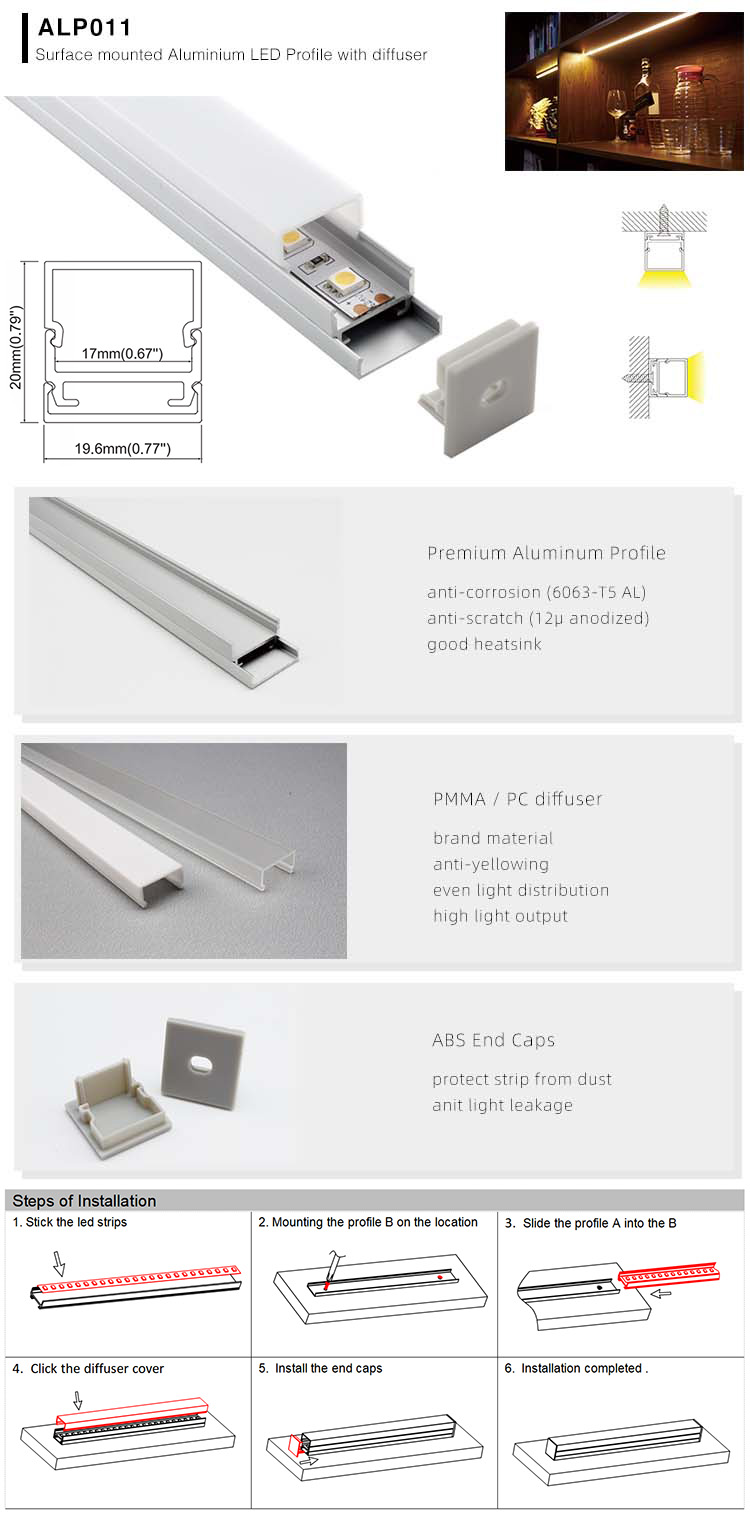 The size, installation ways, diffusers, and installation steps of the U shape surface mounted LED light profiles