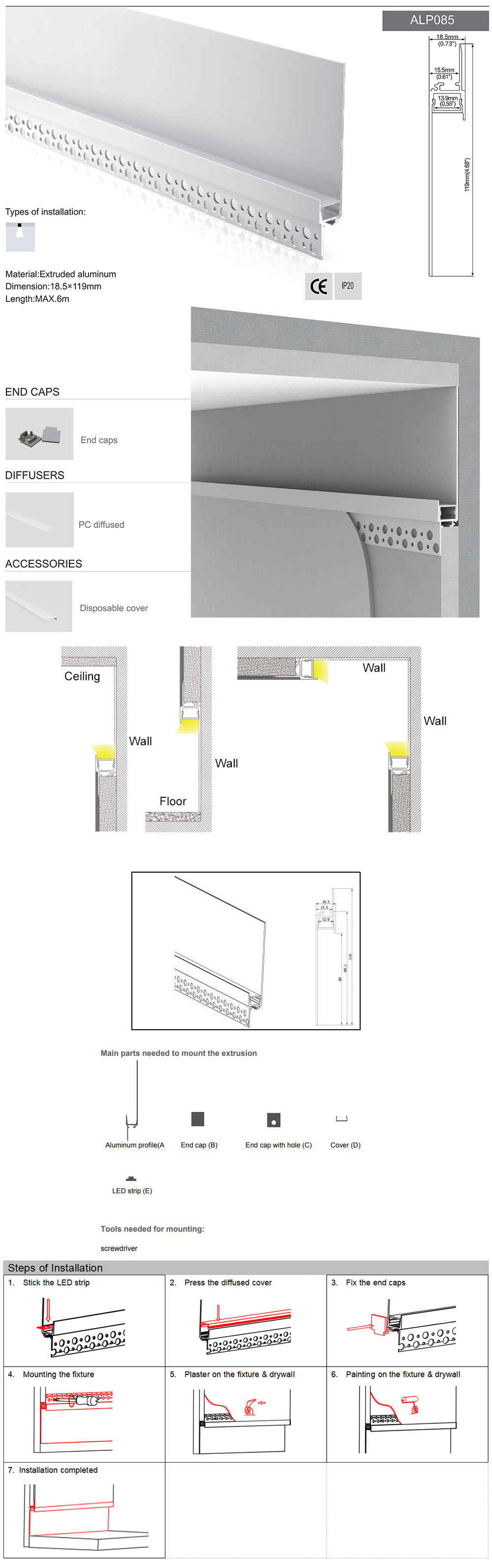 The dimensions, accessories, install locations, and install steps of the indirect lighting drywall LED channels