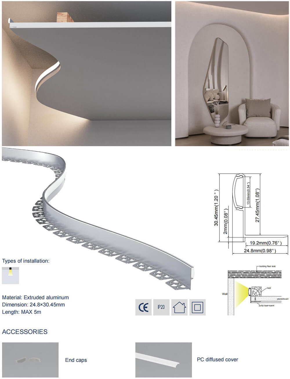 Flexible recessed LED profile for curved gypsum ceiling edges
