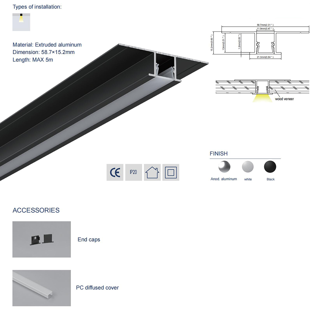 Black recessed aluminum LED profile for wood veneer panel