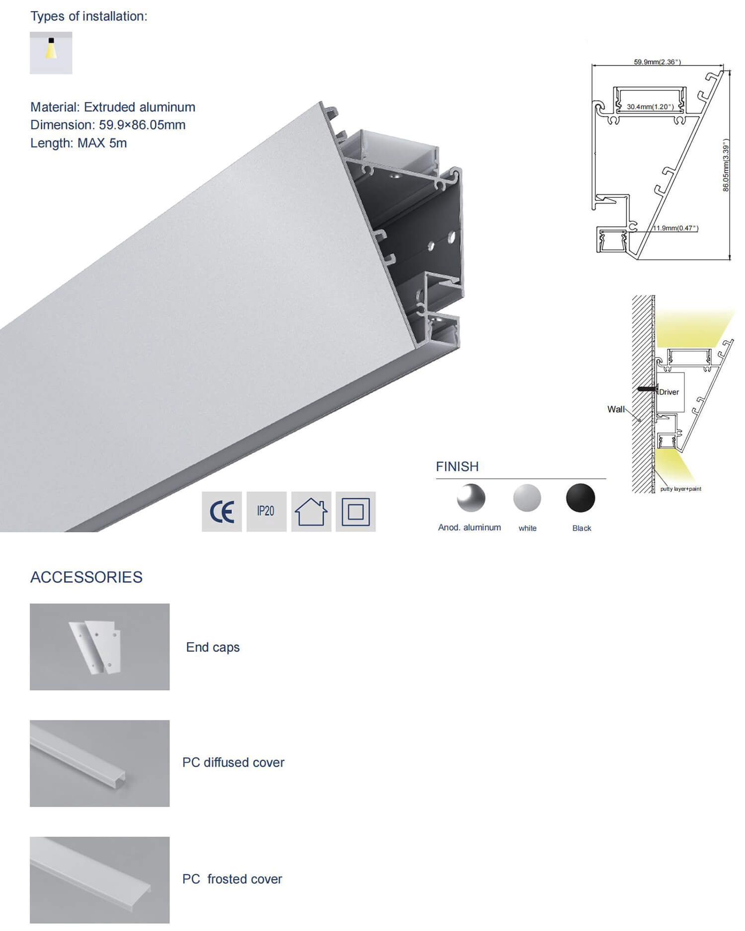 The specification and accessories for up down wall wash LED profile