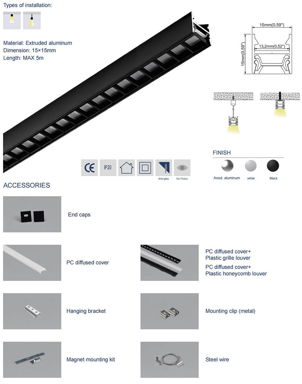 The dimension and accessories of aluminum LED profile