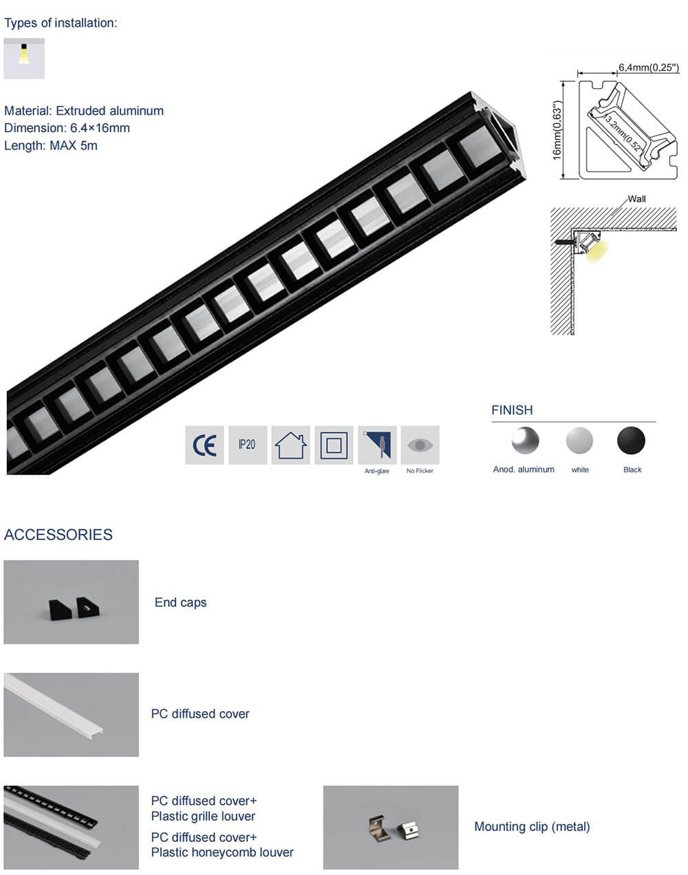 Low-glare recessed linear corner LED channel