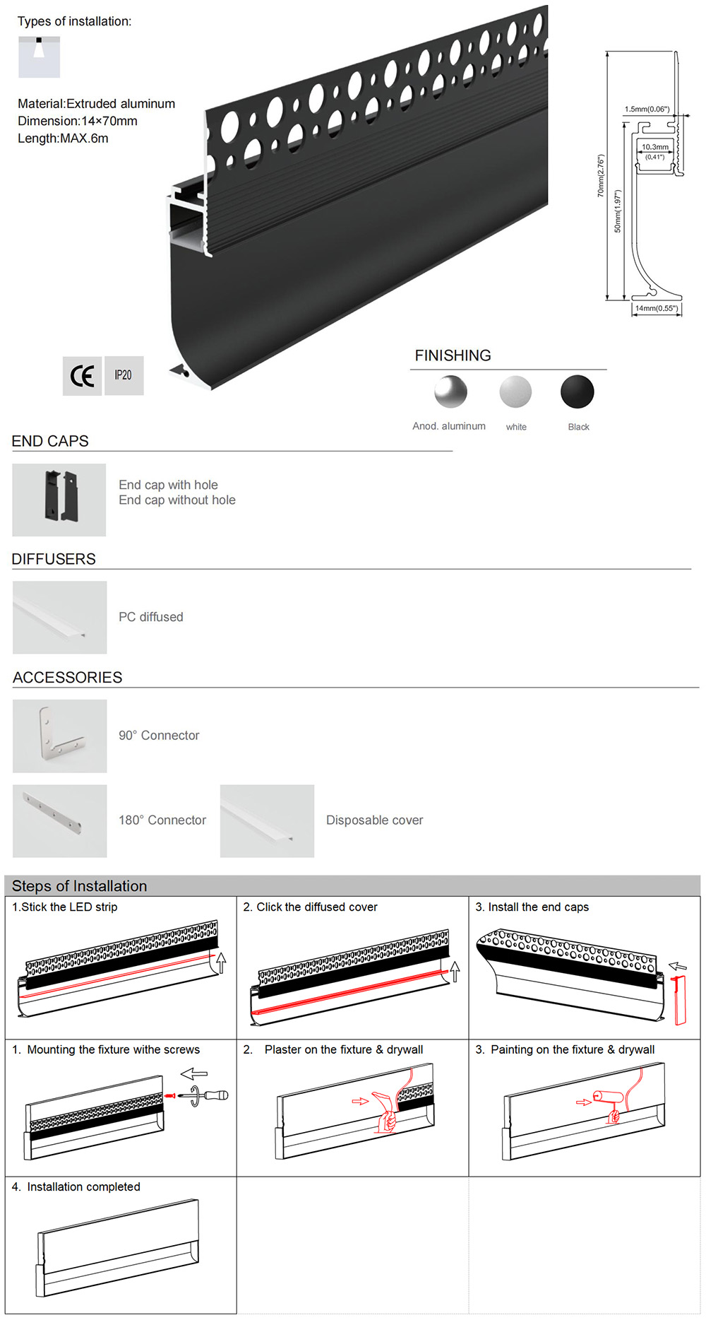 The dimension, accessories, and installation for black baseboard LED channels