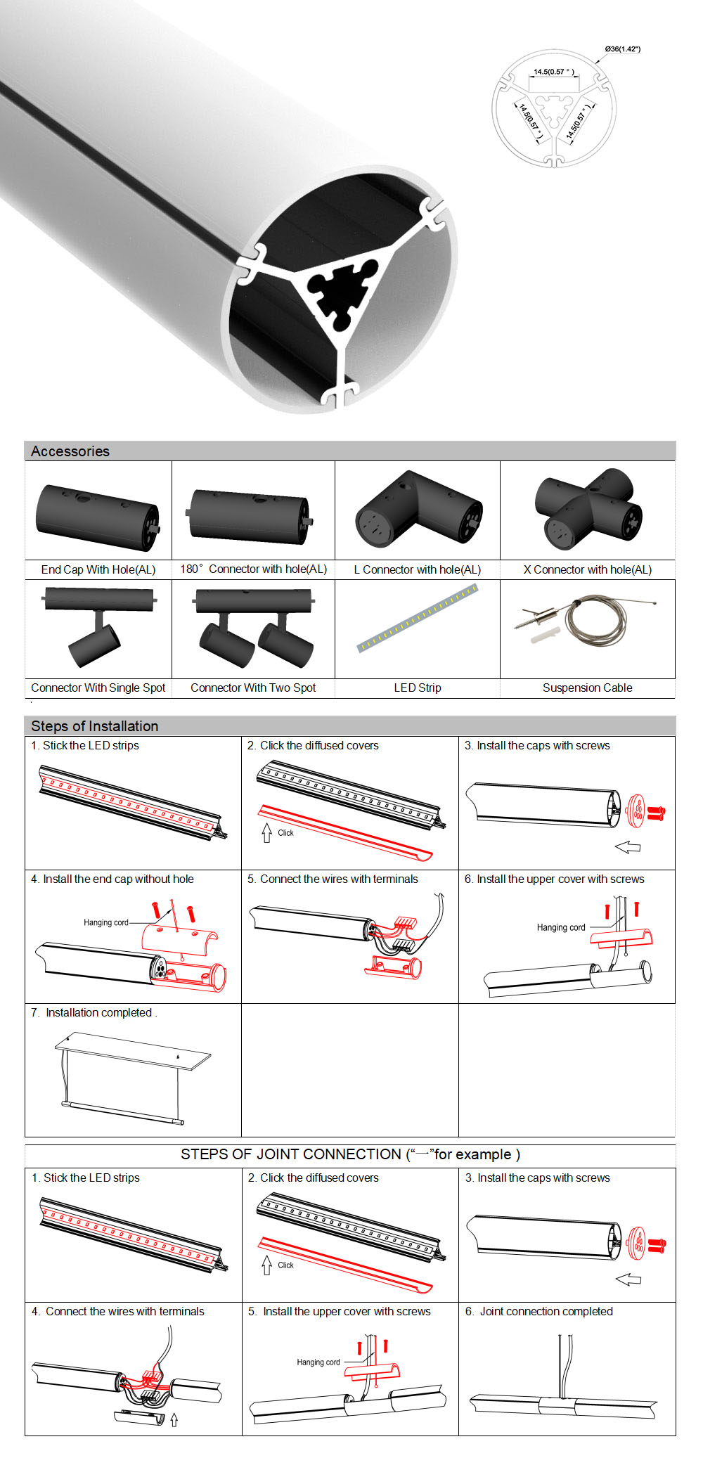 360° T36 Round 36mm Suspended Profile Light