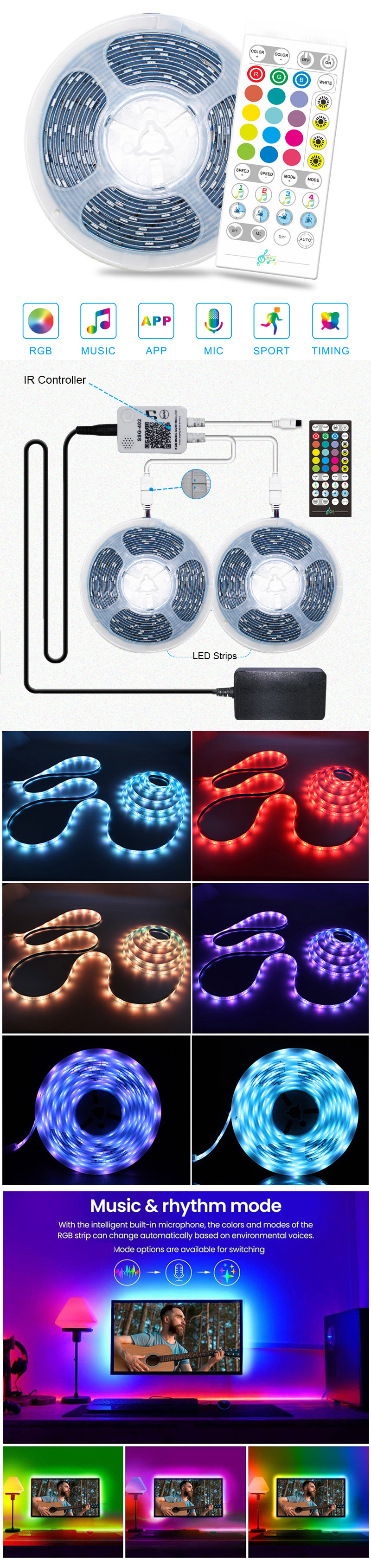 Bluetooth 5050 RGB LED Strip Light Kit With Music Controller