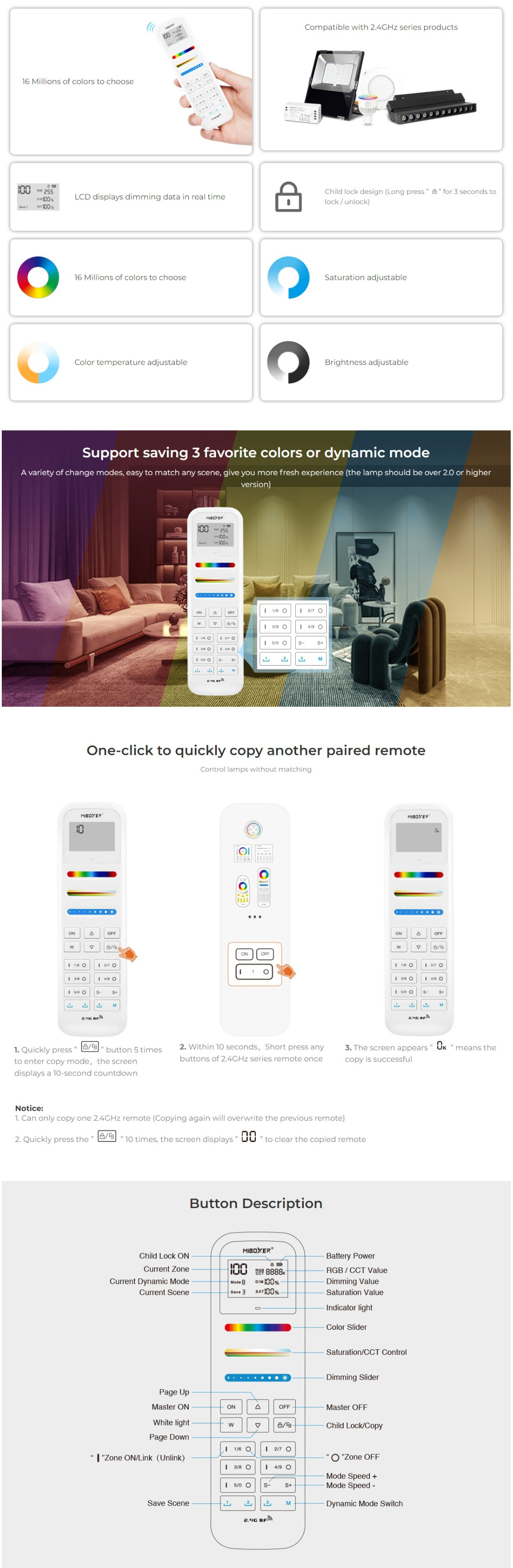 MiBoxer FUT100 RGB+CCT 100 Zones Room Light Remote Control