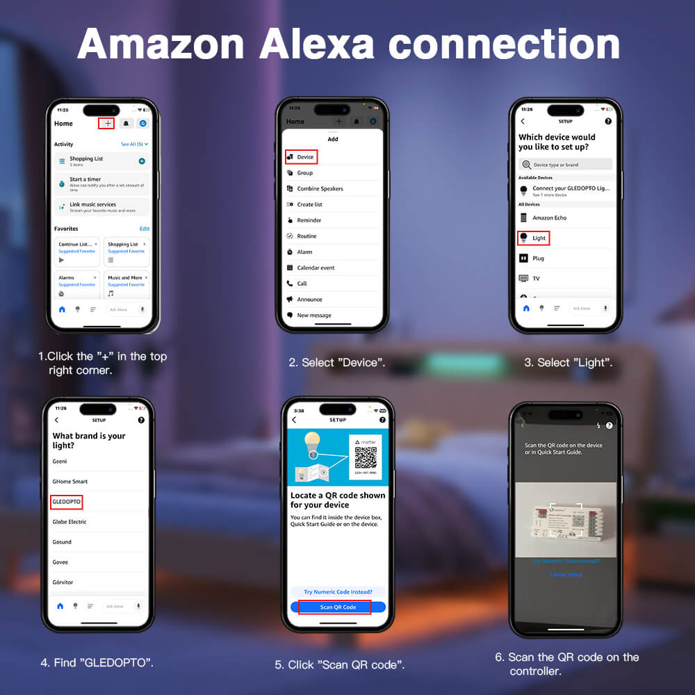 The steps of connection the Gledopto Matter controller to Amazon Alexa
