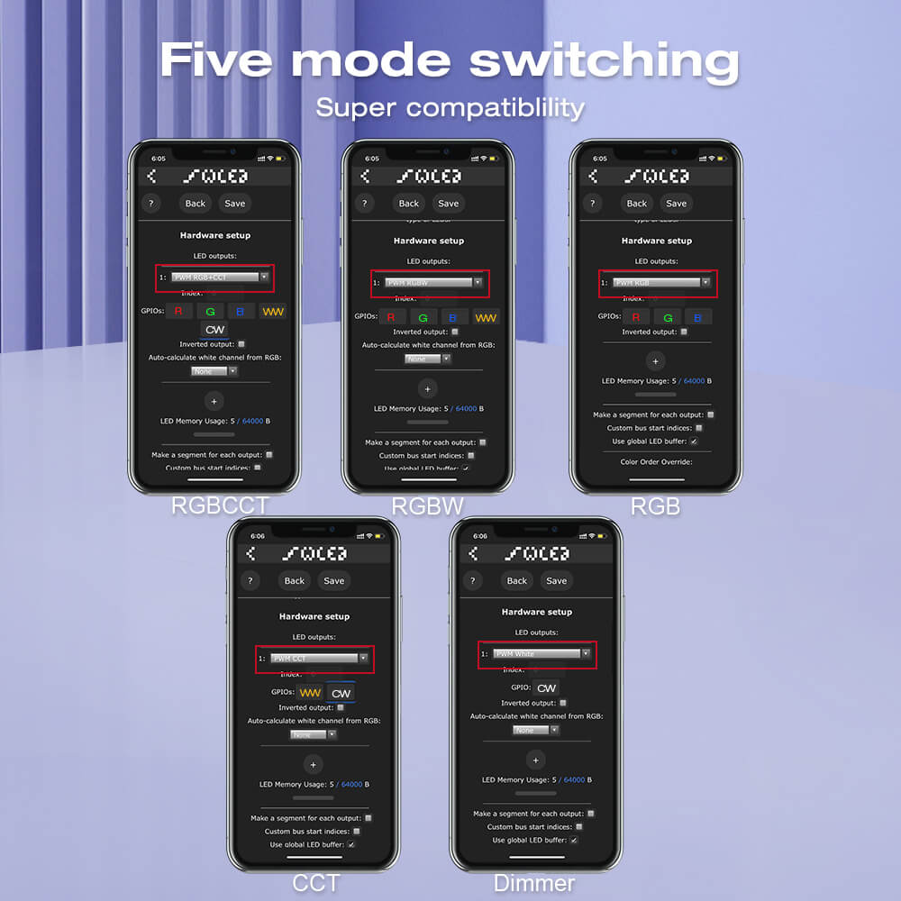 ESP32 controller for LED strips have five output modes