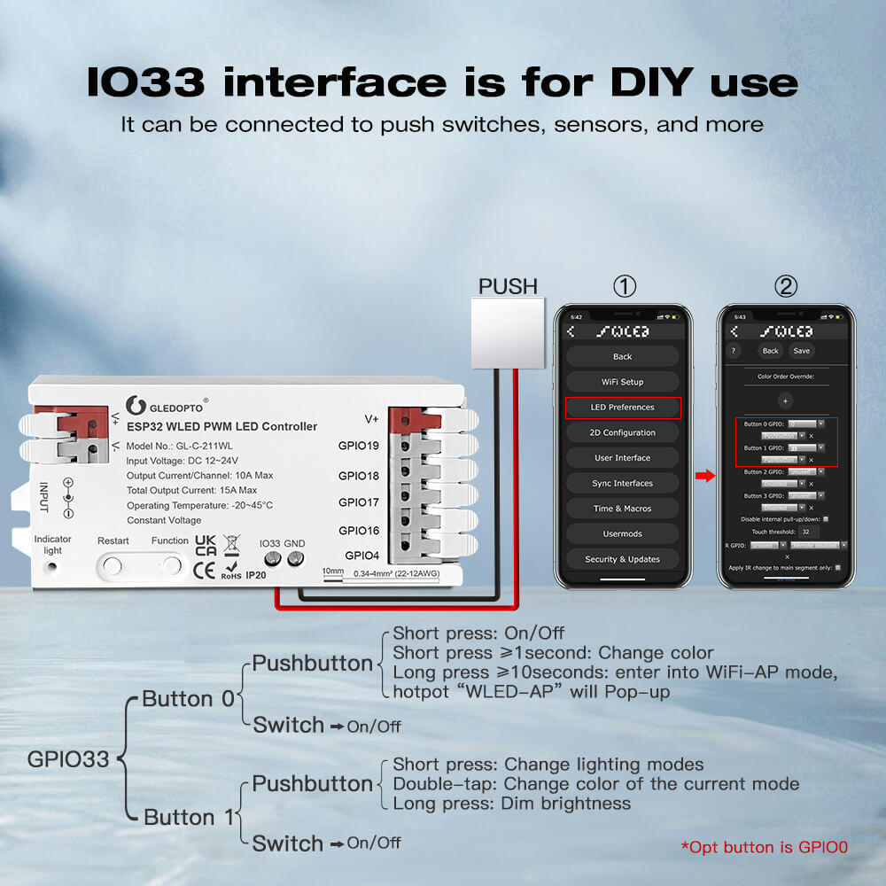 The IO33 port on the ESP32 PMW controller can be connected to push switches, sensors, and more.