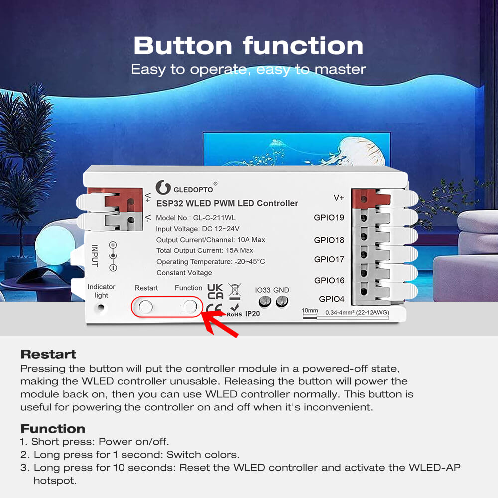 The button function on ESP32 WLED LED controller