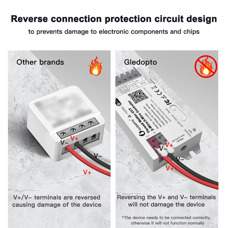 The 2 and 3 wire LED dimmer has reverse connection protection design