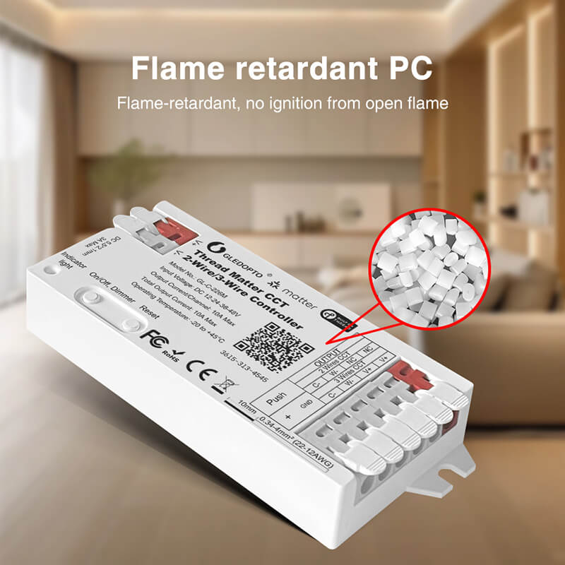 The Gledopto 2 wire matter thread LED controller made of flame retardant PC material