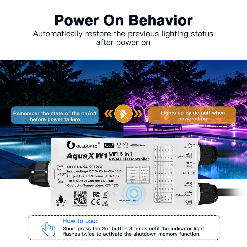 The WiFi PWM light controller automatically restore the previous lighting setting