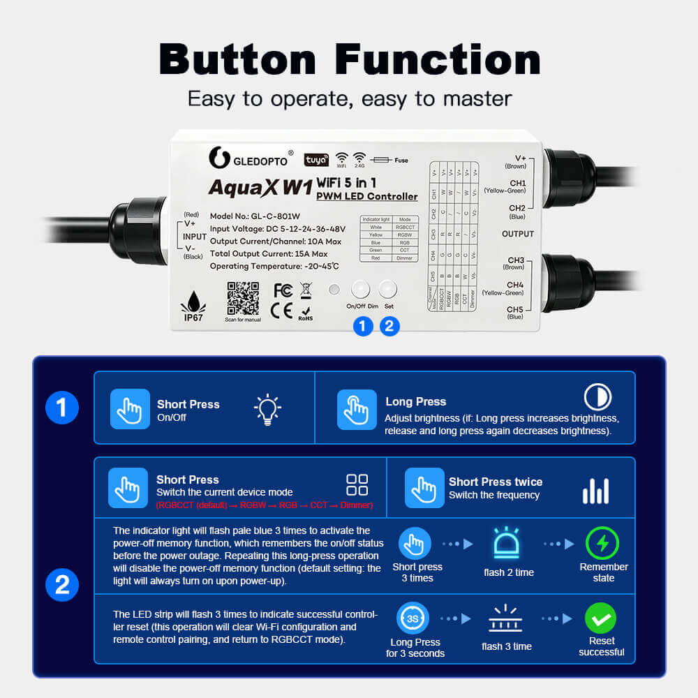 The controller has two physical buttons for easy operating