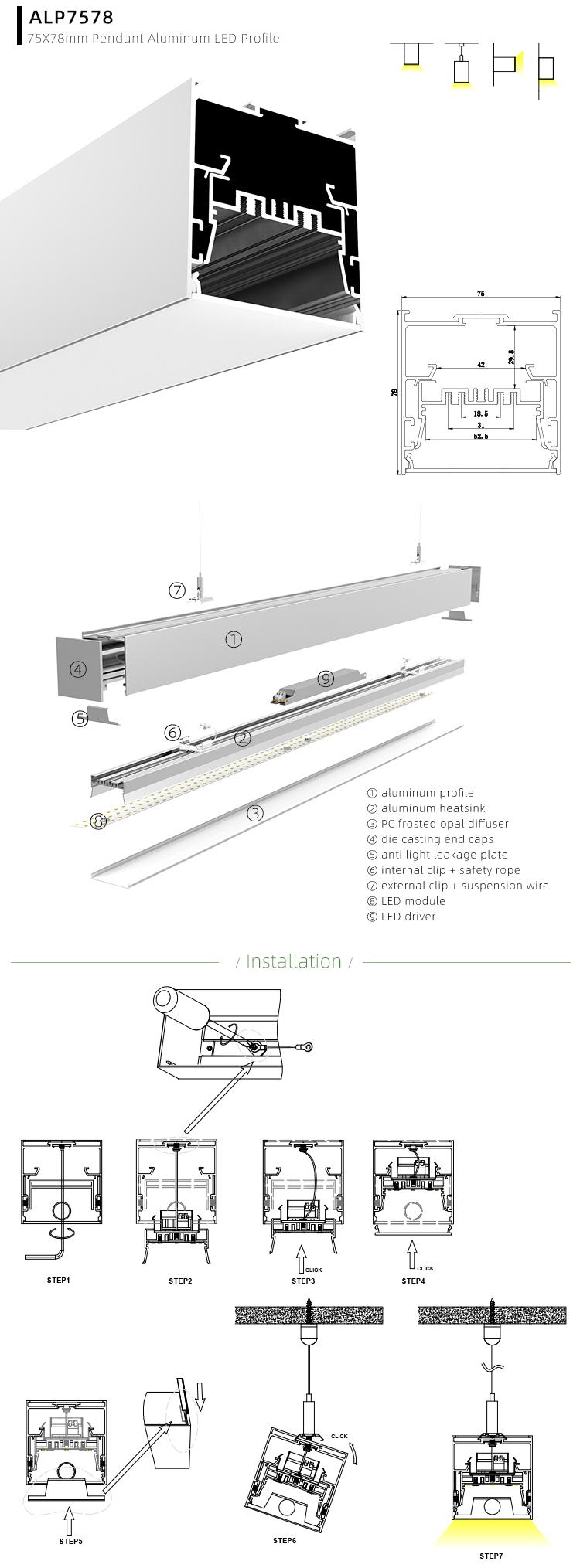 LED Aluminum Channel System For Pendant Light